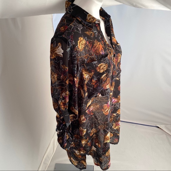 TopShop black multicolor semi sheer leaf print shirt dress 6 - Picture 2 of 8